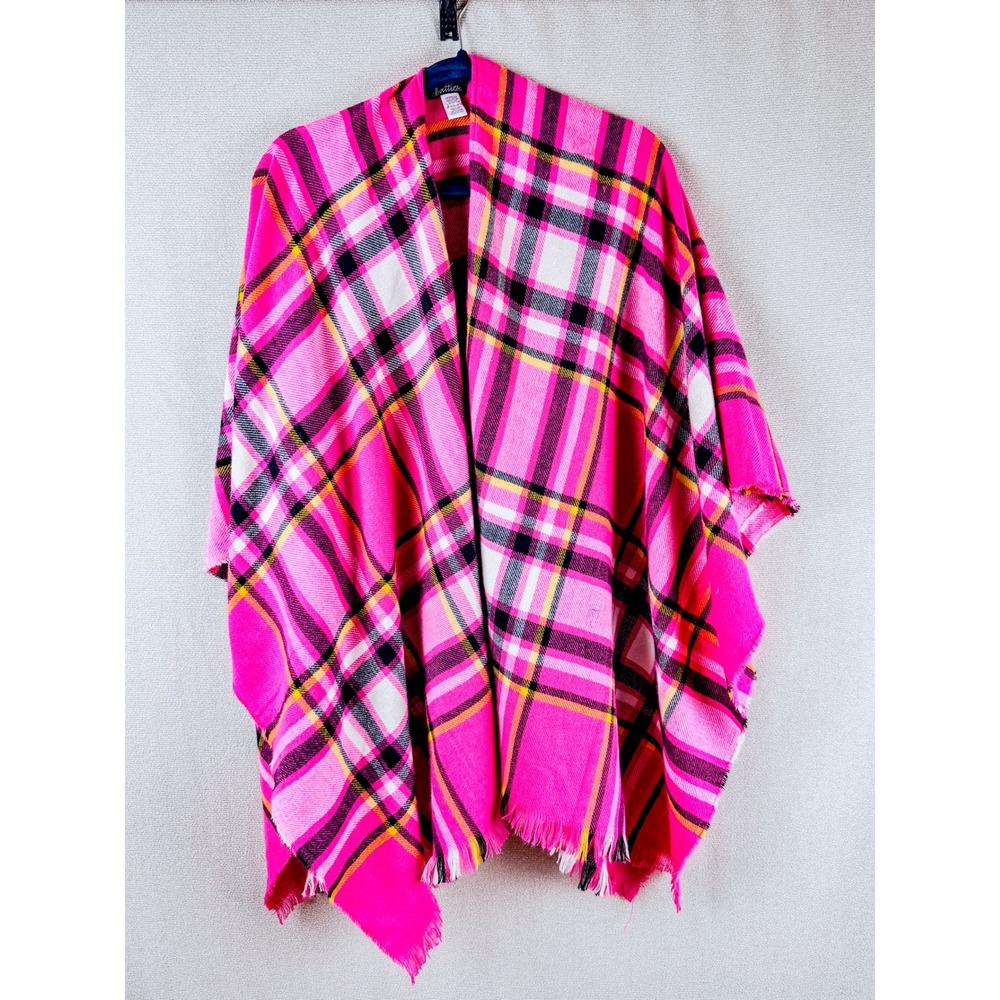 Chatties Womens Hot‎ Pink Plaid Poncho Wrap Fringe Open Front Shawl